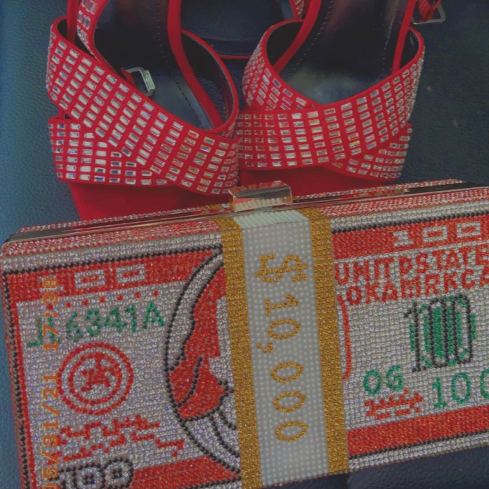 Red Rhinestone heels with matching money purse